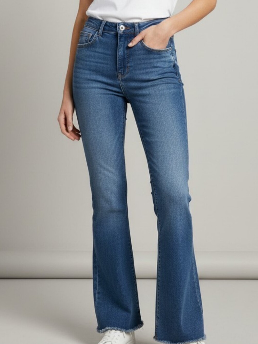 BCBG Medium Blue Flared High-Rise Jeans with Frayed Hem